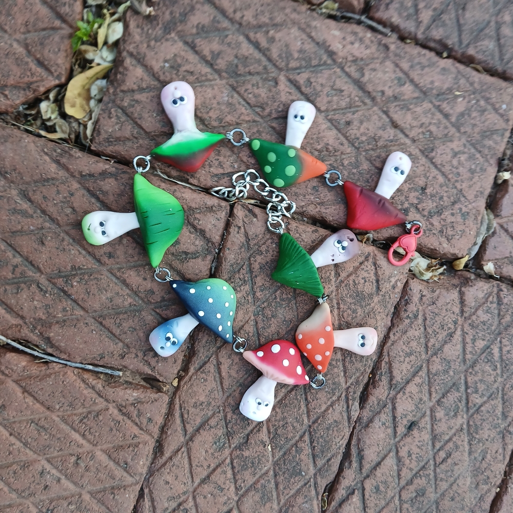 Whimsical Mushroom Necklace in Green, Blue & Red - Picture 6 of 8